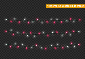 Christmas lights isolated realistic design. Lights garlands color white and pink. Glowing Xmas decorations.
