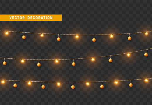 Christmas decorations, isolated on transparent background. Gold light garlands with balls realistic set. Golden Xmas decor. Festive design element