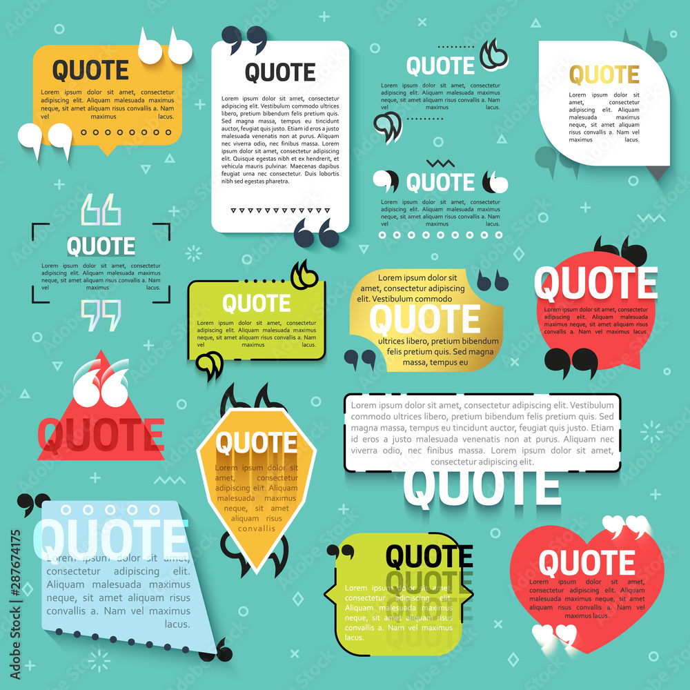 Poster set of 15 quote for the web site in linear and flat style. realistic 3d text blocks. decorative quot