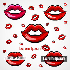 Set of lips. Templates for the text and design. Vector hand drawn red female lips