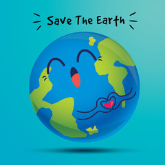 Earth day. Cartoon cute big earth with love hand sign delivery message of protecting the environment - flat design minimal vector character
