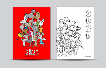 Cover design 2020 text design with mouse cartoon character vector illustration, Calendar cover template, poster, flyer, Rat 2020 Chinese zodiac sign