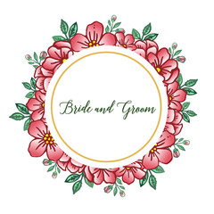 Design style green leafy flower frame, for greeting card bride and groom. Vector