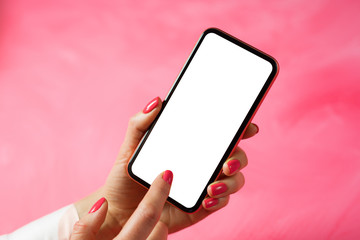Woman using mobile phone and touching screen with finger, mockup for app design.