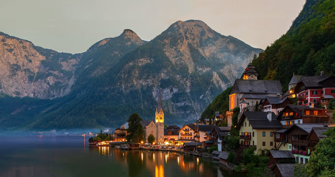 Europe, Austria, Halstatt. Amazing cityscape from Hallstatt Austria with Alps and lake Hallstatt