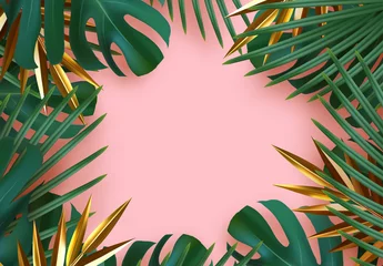 Zweigpalme realistisch. Blätter und Zweige von Palmen. Tropischer Blatthintergrund. Grünes Laub, tropisches Blattmuster. Rahmen rosa um Leerzeichen für Text, flache Lage, Ansicht von oben. Vektor © lauritta