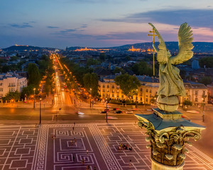 Heroes square in Budapest Hungary. Amazing lights, Minneneum monument. Gabriel arkangel