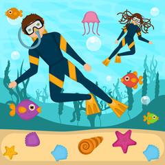 Scuba divers in the bottom of the sea - Vector