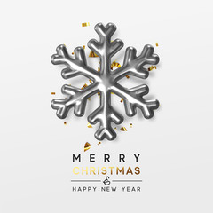 Merry Christmas and happy new year. Xmas background 3d silver snowflake with bright golden confetti. holiday vector illustration