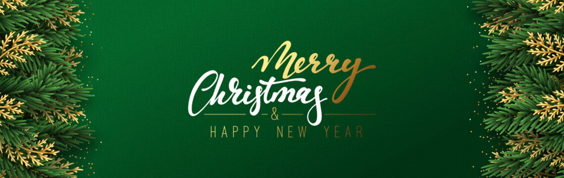 Christmas vector background. Xmas sale, holiday web banner. Design christmas decorations green and golden pine branches