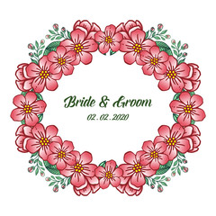 Wedding greeting card bride and groom, romantic, with beautiful wreath frame. Vector