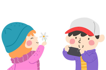 Kids Take Picture Phone Illustration