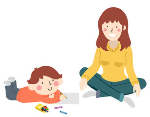 Kid Boy Draw Mom Model Illustration