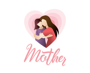 Beautiful women with her children. Vector illustration of mother holding baby girl in arms. Happy mothers day card. Happy mother`s day greeting card