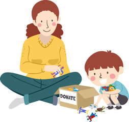 Kid Boy Mother Donate Toys Illustration