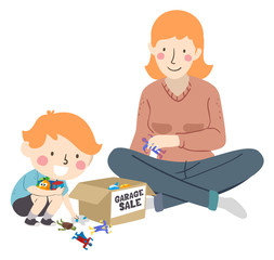 Kid Boy Mother Garage Sale Toys Illustration