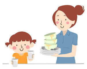 Kid Girl Mom Help Clearing Table Illustration