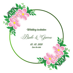 Bright green leaves and pink flower frame, template of card design bride and groom. Vector