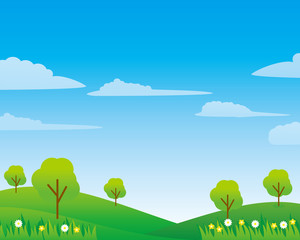 Field vector illustration with clouds, blue sky and trees suitable for background or illustration 