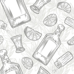 Set for tequila seamless pattern. Shot glass and bottle tequila, salt, lime and agave.
