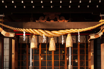 Shimenawa sacred rope at Hiei shrine Yamadera Risshaku ji temple. Yamagata - Japan