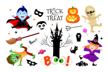 Halloween cartoon set with cute kids in holiday costumes: witch, count dracula, zombie and mummy. Illustration isolated on white backgeound. Halloween poster with text Trick or treat.