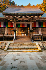 Yamadera Risshaku ji temple main hall and carved wood Buddha statue , Japan