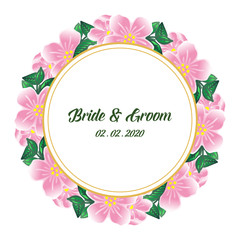 Wedding invitation card template bride and groom cute, with various bright pink floral frame. Vector