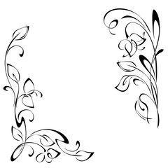 decorative frame with stylized flowers on stems with leaflets and curls in black lines on a white background