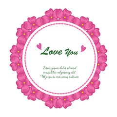 Vintage style card love you, with crowd of pink flower frame. Vector