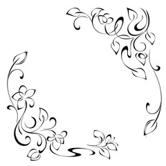 decorative frame with stylized flowers on stems with leaflets and curls in black lines on a white background