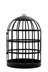 Trapped and captivity conceptual idea with black bird cage isolated on white background and...