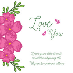 Template of greeting card love you, with style of pink floral frame. Vector