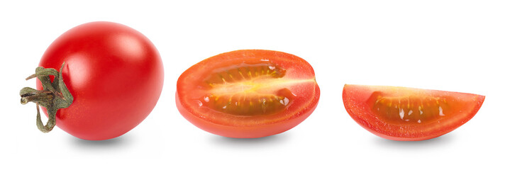 Whole and sliced red cherry tomatoes isolated on white background.