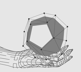 Polygonal hands and solid shape. Wire frame style. 3d human parts. Connected lines with dots.