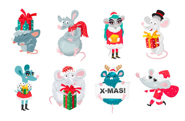 Set of cute funny rats with gift boxes.