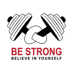 Obraz premium Dumbbell. Twisted dumbbell with text. Be strong, believe in yourself. Dumbbell hand drawn vector illustration. Weights twisted in a knot. Part of set. 