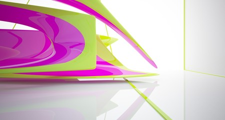 Abstract dynamic interior with colored gradient smooth objects. 3D illustration and rendering