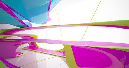 Abstract dynamic interior with colored gradient smooth objects. 3D illustration and rendering