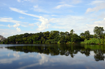 Fototapeta na wymiar 夏の終わりの空が水面に映り込んでいる風景