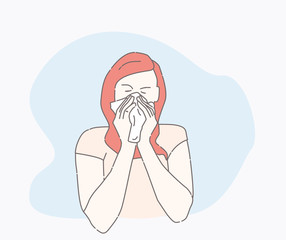 symptoms of a cold patient. hand drawn style vector design illustrations. runny nose character. Health And Pain. the girl is sick
