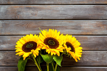 Sunflower on wooden background top view copyspace