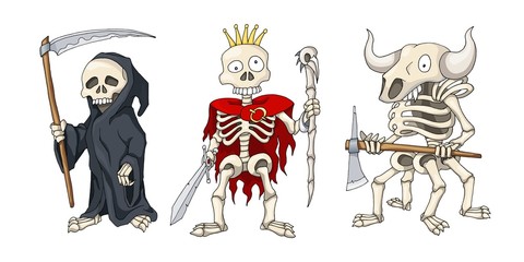Fototapeta na wymiar Vector Halloween set with cute creepy skeletons. Hand drawn cartoon characters