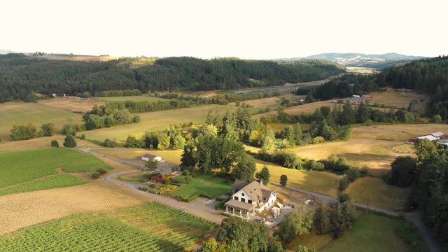 Cinematic aerial footage of country estate vineyard in Oregon's Willamette Valley.