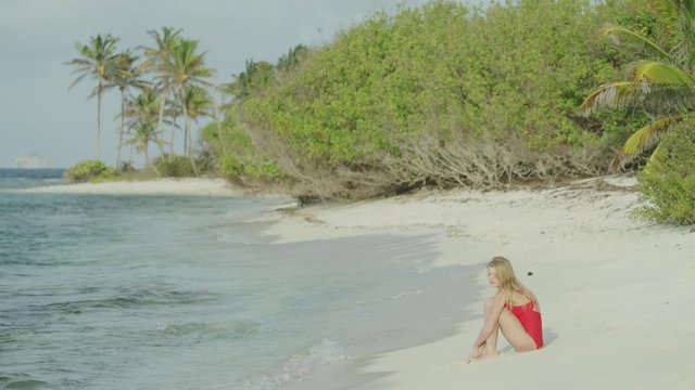 Distant woman sitting on beach near ocean waves / Petit Tabac, Tobago Cays, St. Vincent and the Grenadines