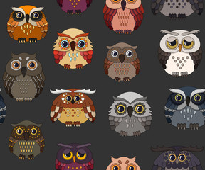 Seamless pattern with cute owls on a dark background