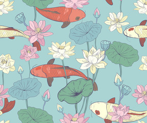 seamless pattern with lotuses and carps in chinese style