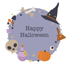 Text Happy Halloween inside circle with witch elements
