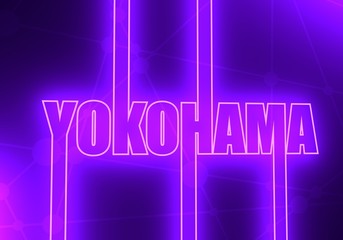 Image relative to Japan travel theme. Yokohama city name in geometry style design. Creative vintage typography poster concept. Outline letters. Neon bulb illumination. 3D rendering