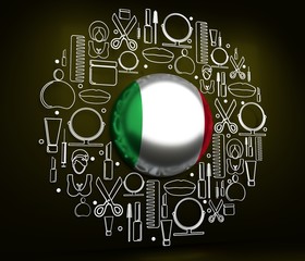 Cosmetology and fashion concept. Template for presentation. Circle frame with thin line icons. Flag of the Italy. 3D rendering.